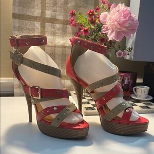 Liliana Red and Tan Heels Stiletto Wedge